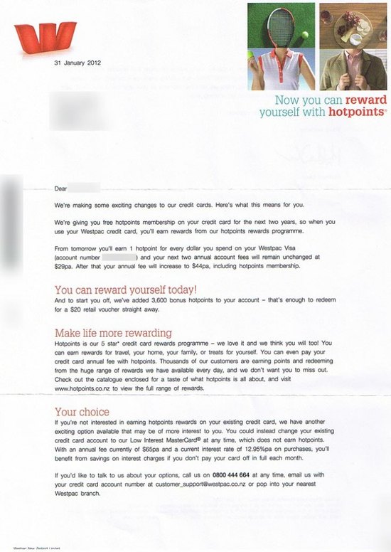 Westpac Hotpoints Letter