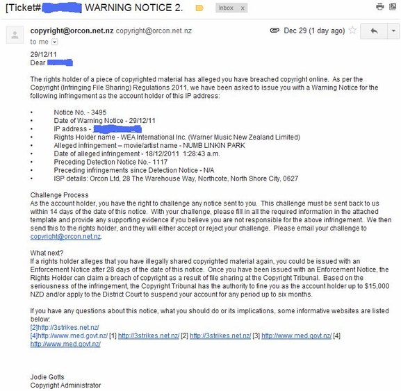 Orcon Three Strikes Warning Notice Orcon Three Strikes Warning Notice